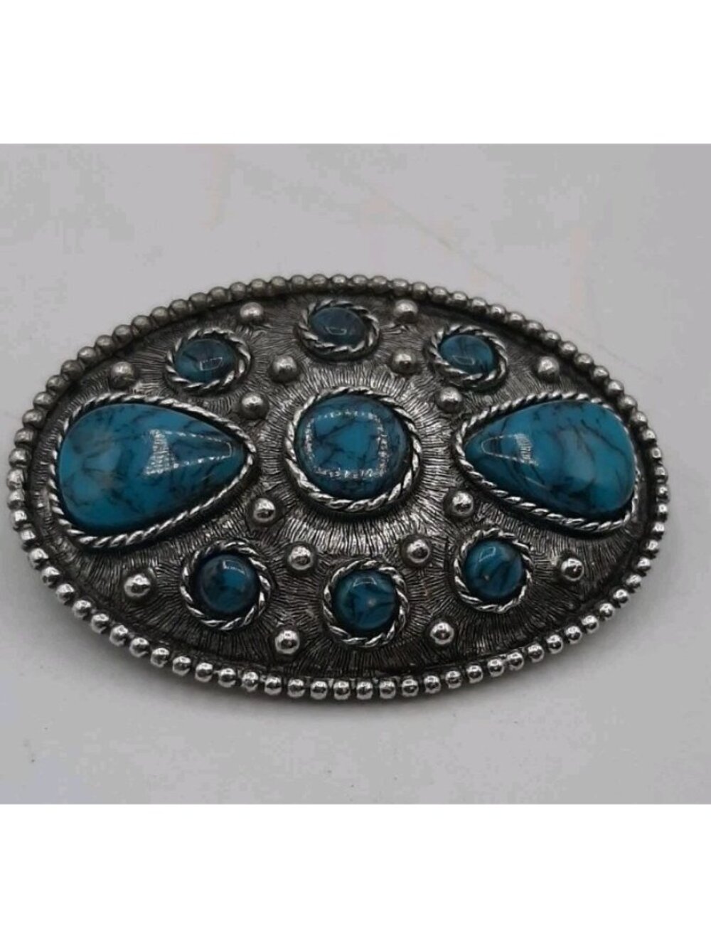 Vintage Western Style Brooch Silver Color with Turquoise Like Stones Oval